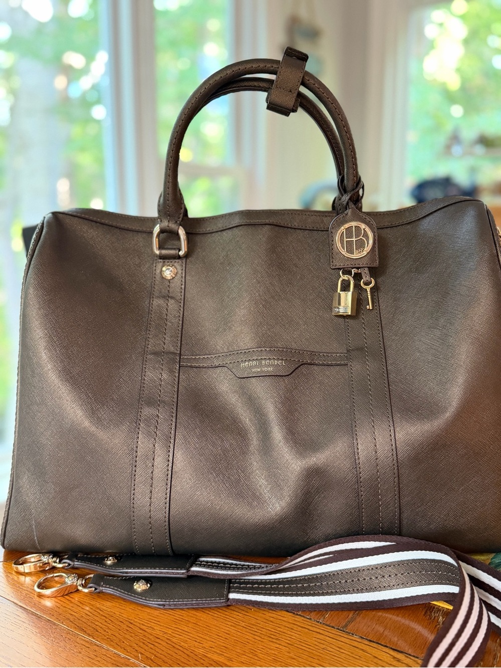 Henri Bendel W57th Weekend Duffle in. Glistening Dark Bronze w/ Crossbody Strap